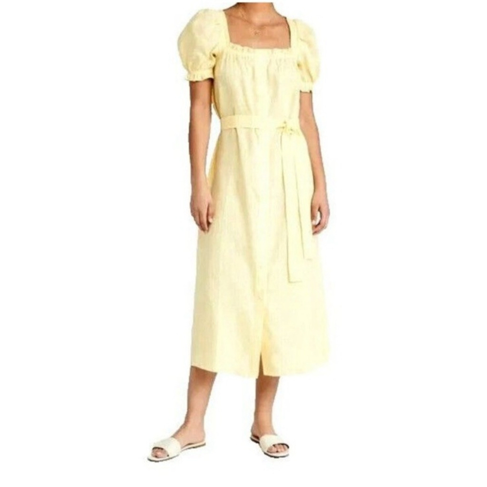 SLEEPER Women’s Brigitte Midi Dress Linen Button Down Puff Sleeve Belt Yellow